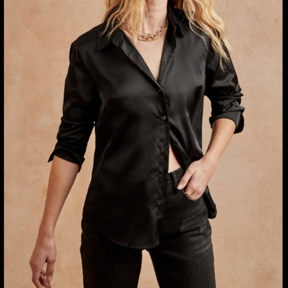 Banana Republic Factory black satin blouse, size L